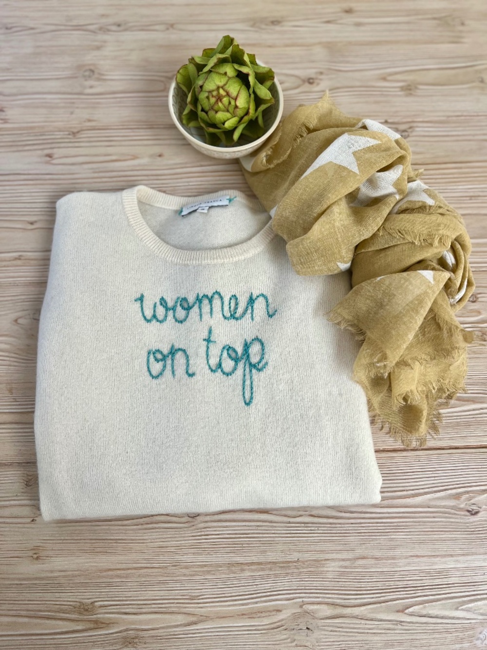 Lingua Franca “Women on Top” Cashmere Sweater Medium Ivory Hand Embroidered